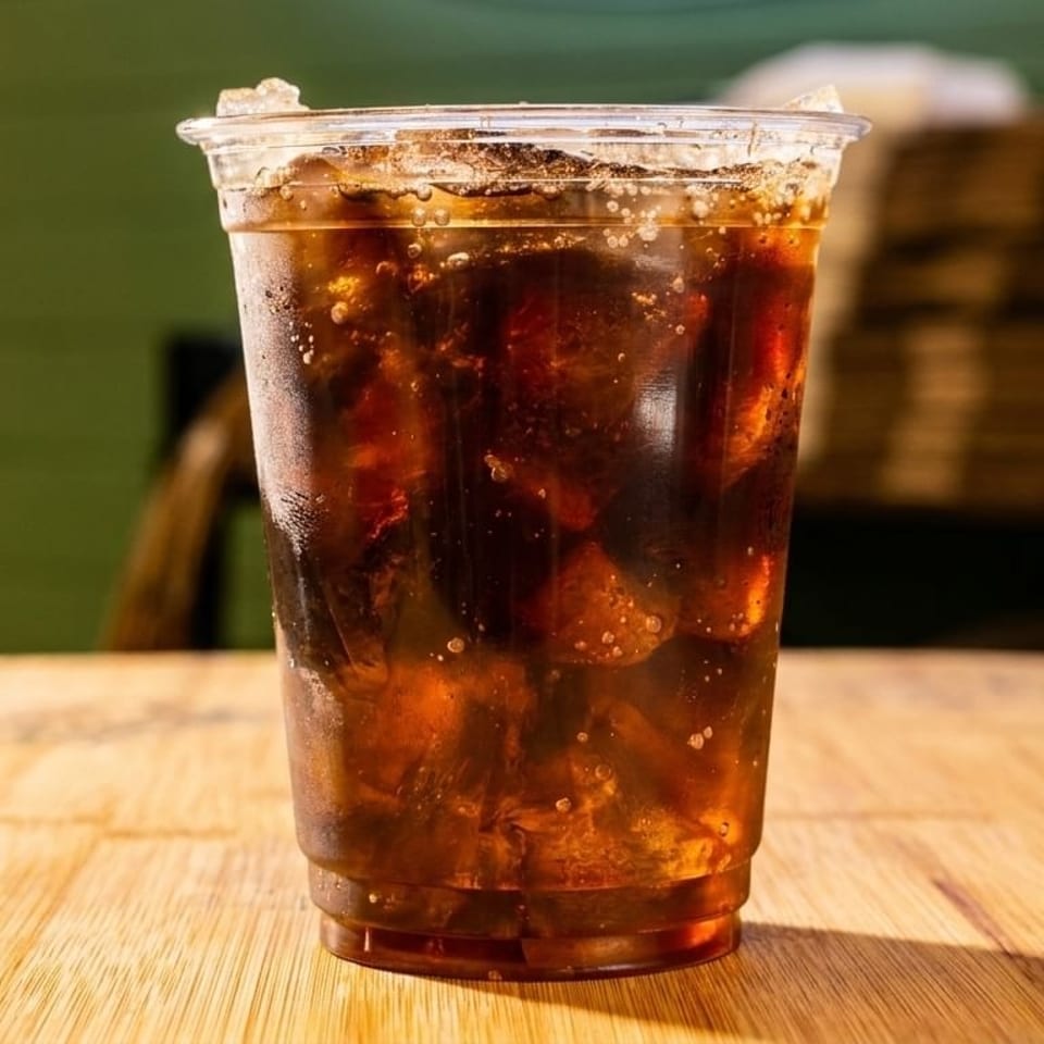 A clear plastic cup filled with a dark soda and ice sits on a wooden table.