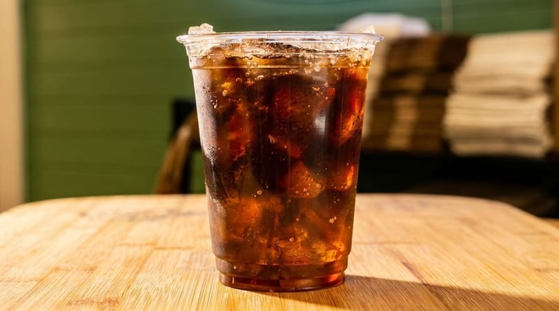 A clear plastic cup filled with a dark soda and ice sits on a wooden table.