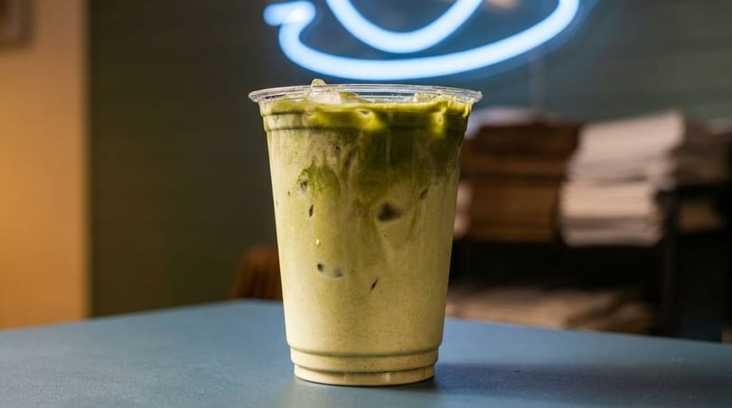 Iced matcha latte in a clear plastic cup on a blue table with a neon sign in the background.