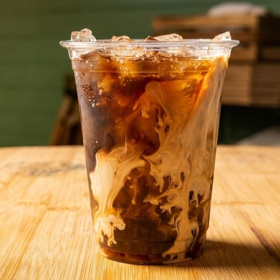 Iced coffee with cream swirling in a clear plastic cup on a wooden table.