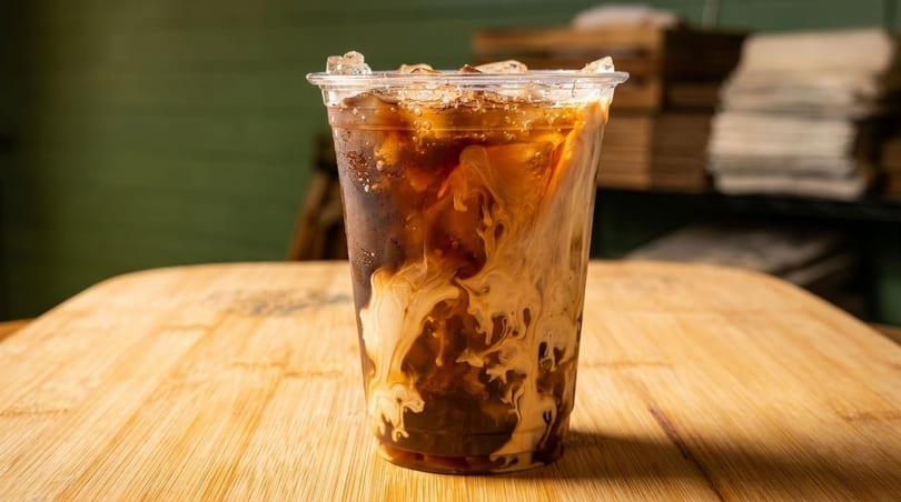 Iced coffee with cream swirling in a clear plastic cup on a wooden table.